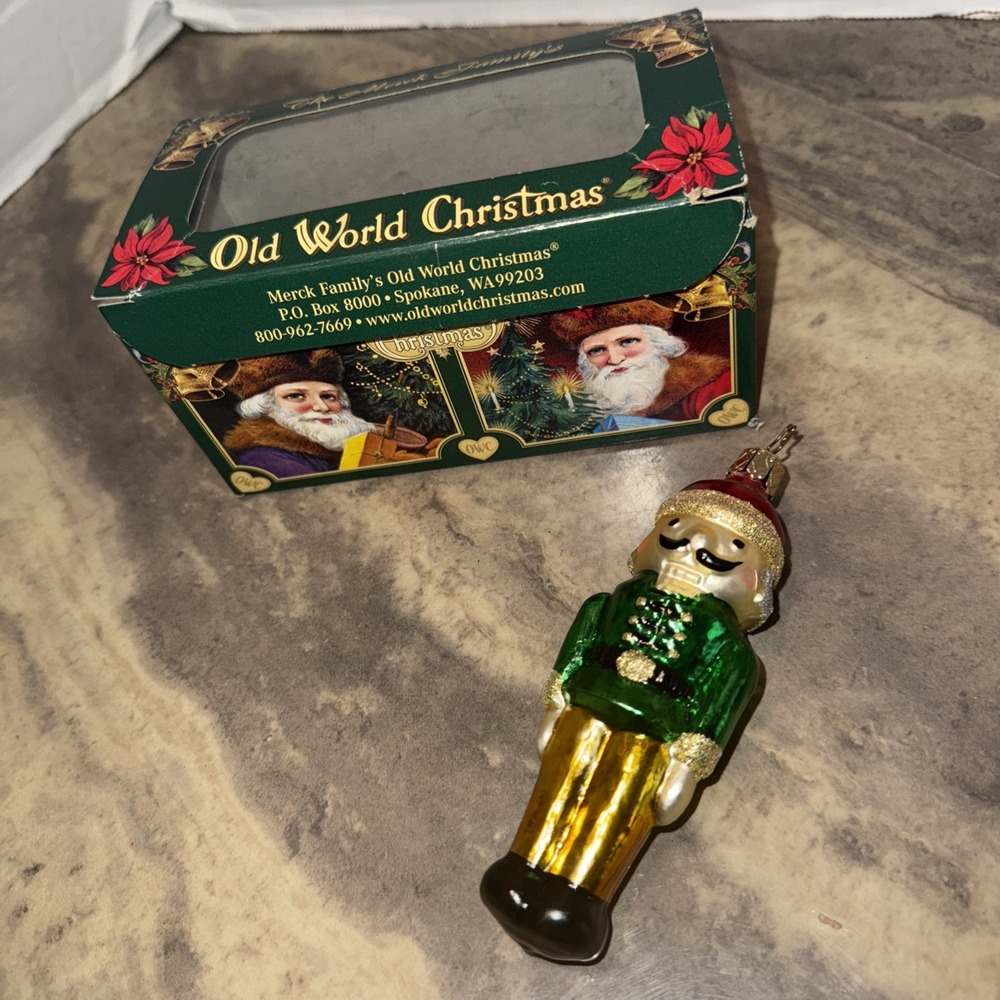 Old‎ World Christmas Nutcracker Ornament Glass Soldier OWC w/ Box Green Gold